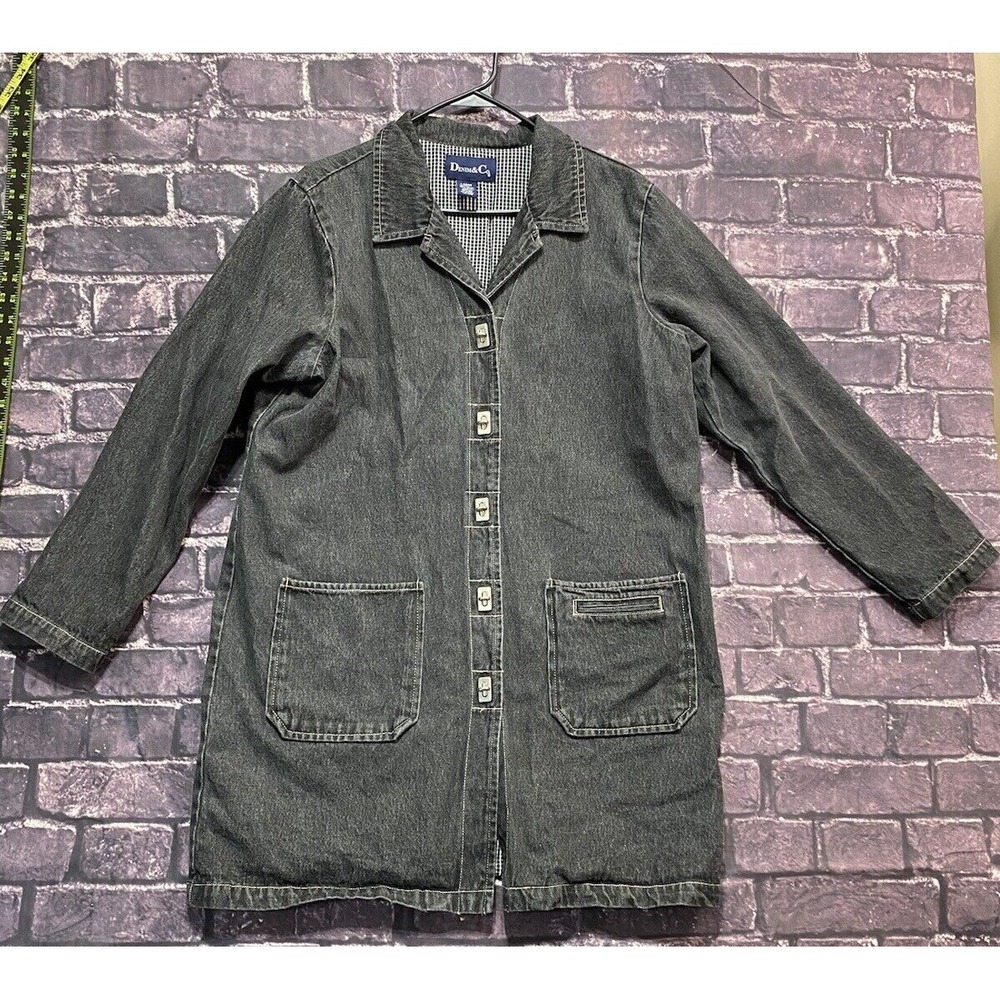 Denim & Co Long Jacket Women Large Black Denim Cotton Pockets Fall Lagenlook Y2K